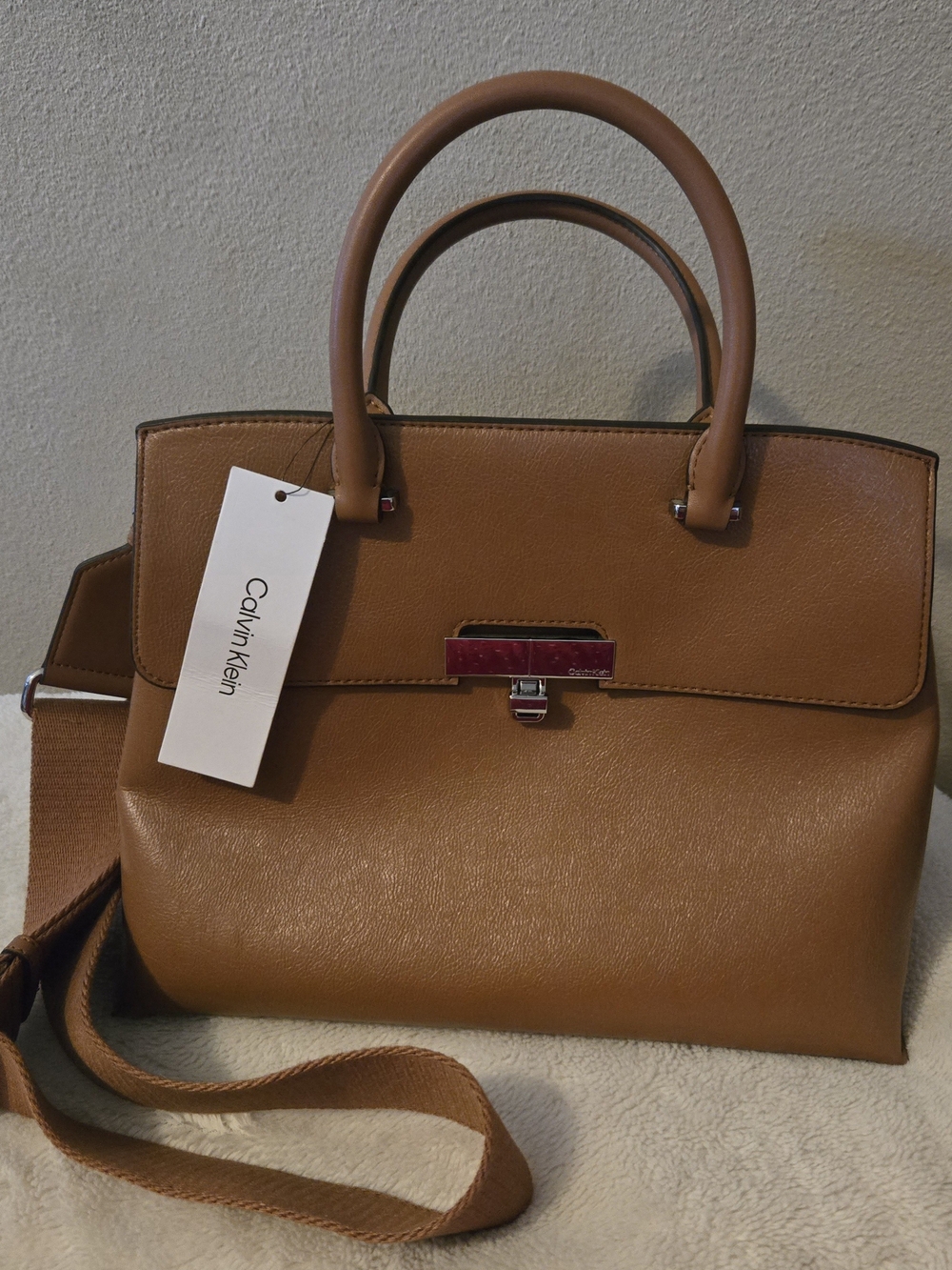 Calvin Klein Camel Leather Satchel Becky Handbag